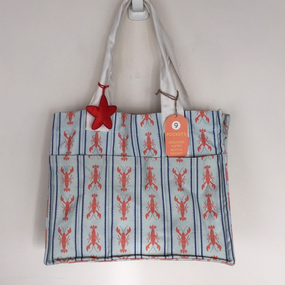 NEW Large Light Blue & Coral Lobster Print Tote Bag